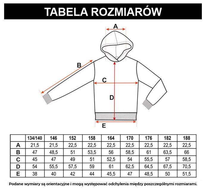 Tabela rozmiarów - Czarna bluza dresowa z kapturem i nadrukiem na środku