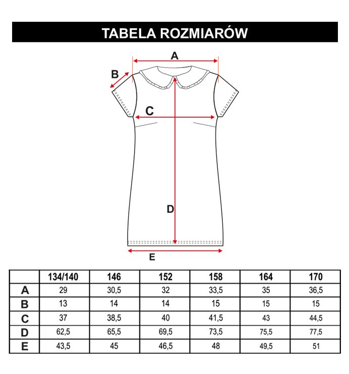 Tabela rozmiarów - Czarna sukienka z białym kołnierzem