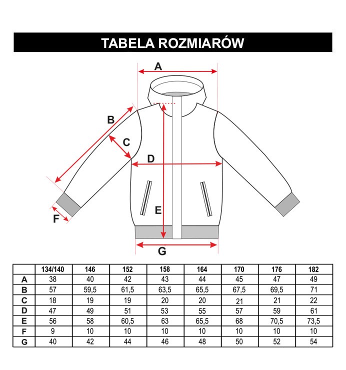 Tabela rozmiarów - Czerwona pikowana kurtka z kapturem IMPOSSIBLE TO DESTROY