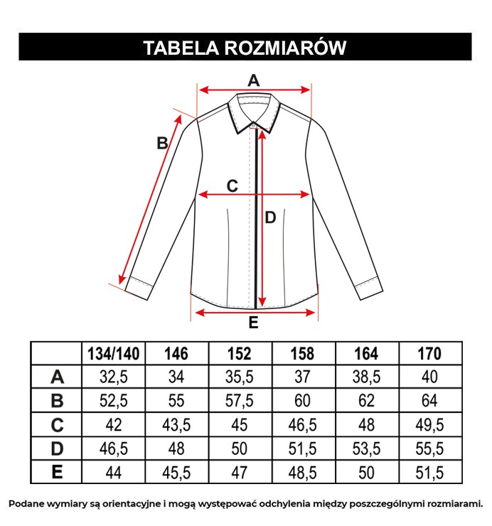 Tabela rozmiarów - Biała koszula z długim rękawem z kontrastową lamówką