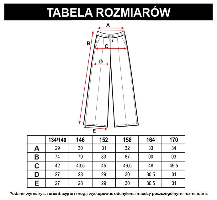 Tabela rozmiarów - Czarne proste spodnie typu culloty