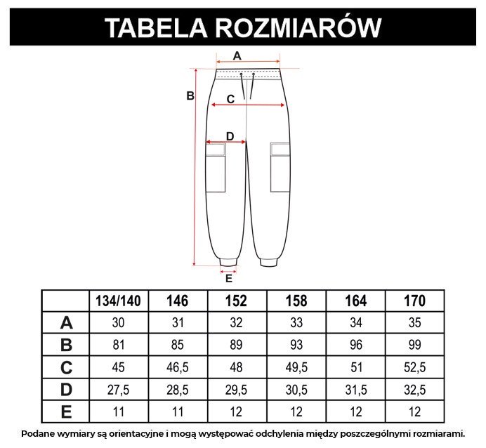 Tabela rozmiarów - Czarne spodnie dresowe typu cargo