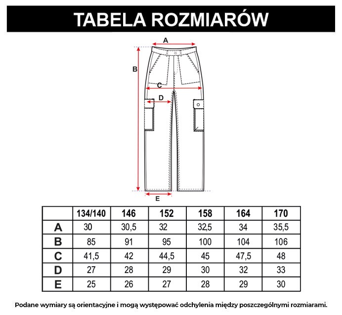 Tabela rozmiarów - Czarne spodnie z szerokimi nogawkami i kieszeniami cargo