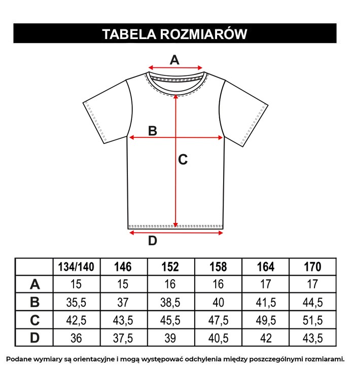 Tabela rozmiarów - Biały T-shirt z czarną lamówką i ozdobnym haftem