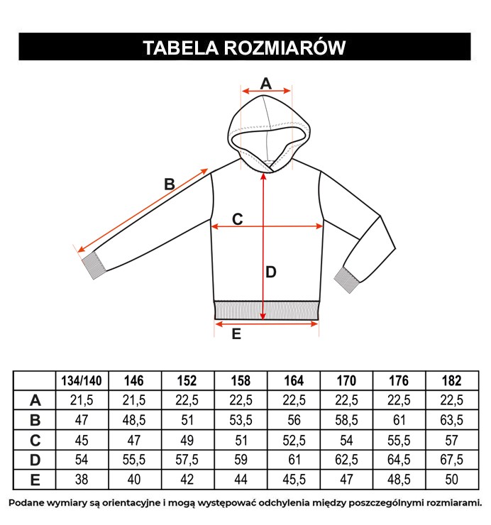 Tabela rozmiarów - Bluza z kapturem z fioletowo-czarnym nadrukiem na całości