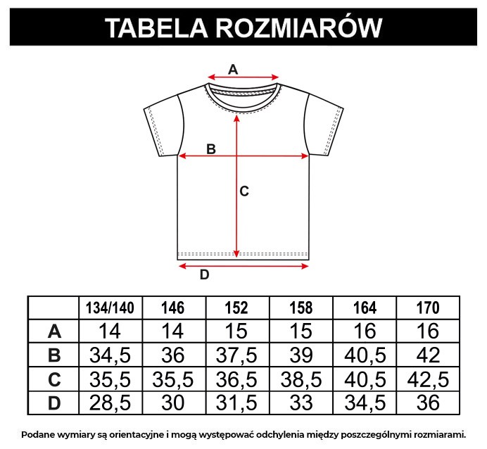 Tabela rozmiarów - Czarny T-shirt z błyszczącym napisem