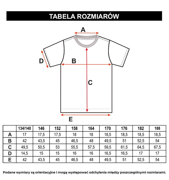 Tabela rozmiarów - Pomarańczowy T-shirt z czarnym nadrukiem z przodu