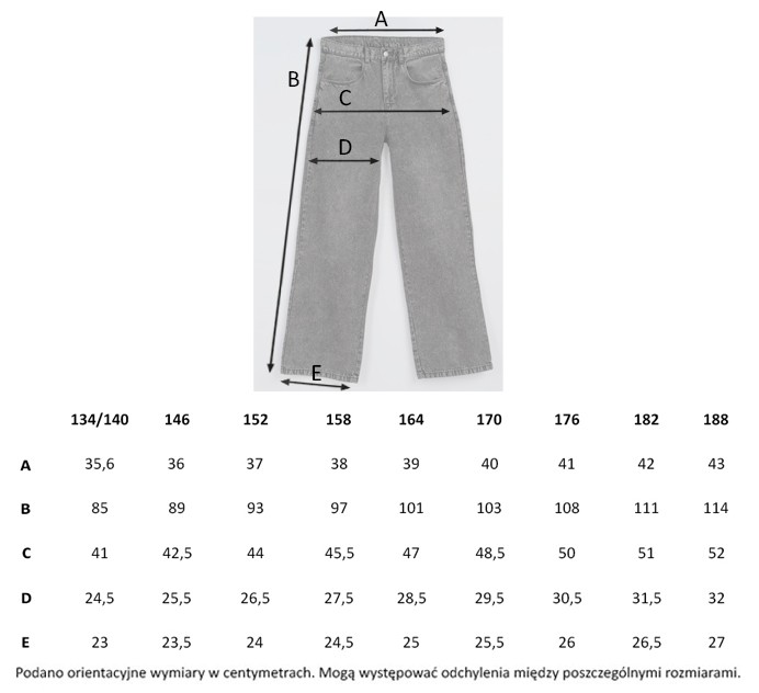 Tabela rozmiarów - Szare spodnie jeansowe z delikatnym efektem sprania