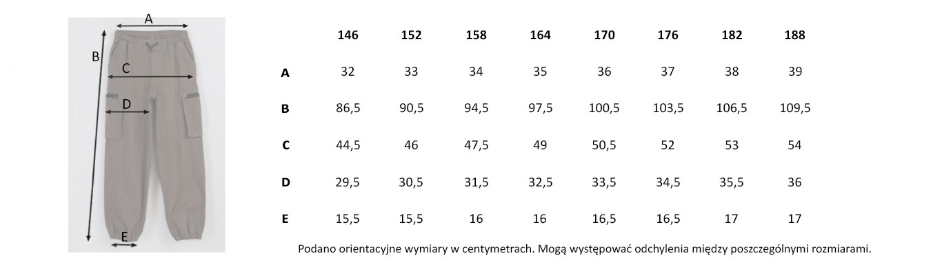 Tabela rozmiarów - Brązowe spodnie bawełniane z przestrzennymi kieszeniami