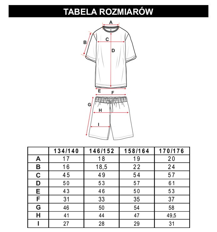 Tabela rozmiarów - Czarna dwuczęściowa piżama koszulka i spodenki