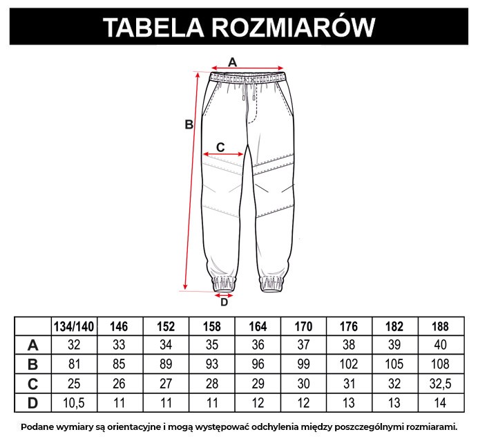 Tabela rozmiarów - Czarne spodnie typu joggery z modnymi przeszyciami