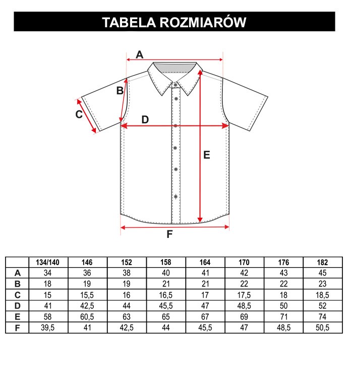 Tabela rozmiarów - Biała koszula z krótkim rękawem dla chłopaka