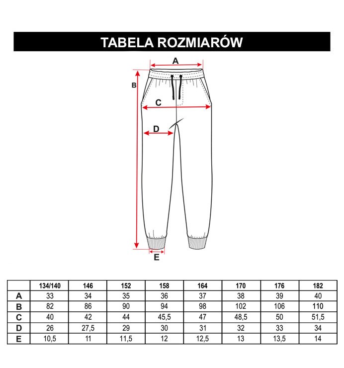 Tabela rozmiarów - Czarne spodnie dresowe z ozdobnym nadrukiem