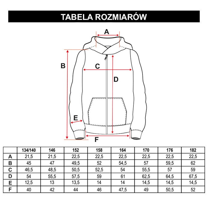 Tabela rozmiarów - Czarna rozpinana bluza dresowa z kapturem i napisem na rękawie