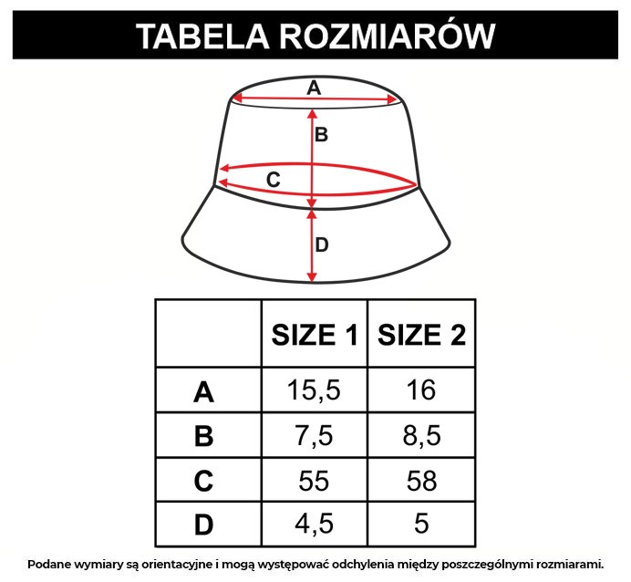 Tabela rozmiarów - Wielobarwny dwustronny kapelusz typu bucket hat