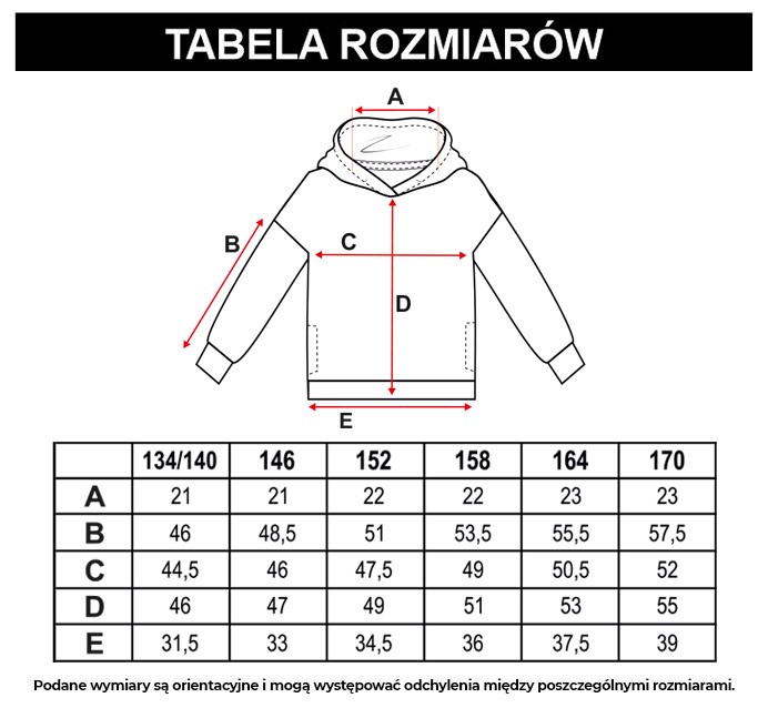 Tabela rozmiarów - Biała bluza z kapturem z nadrukiem z przodu