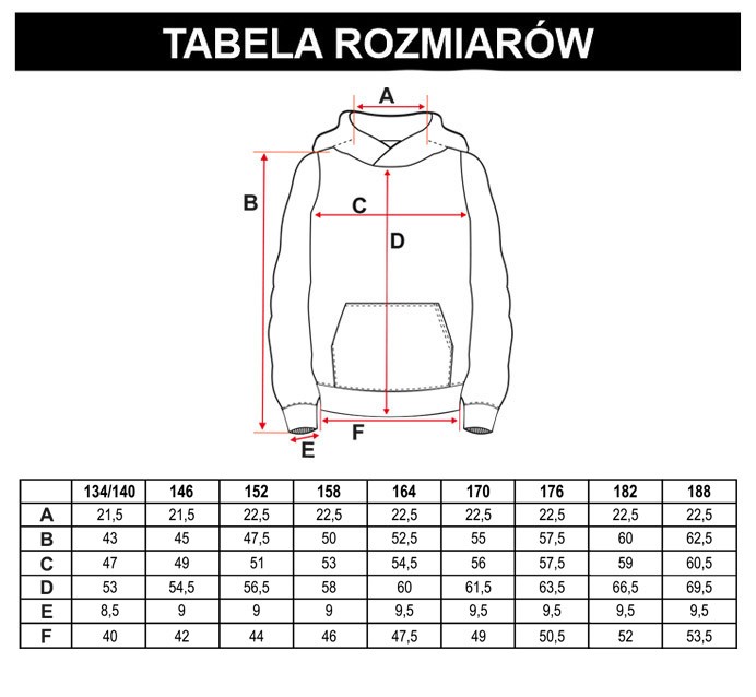 Tabela rozmiarów - Czarna rozpinana bluza dresowa z kapturem i nadrukami