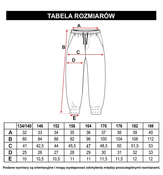 Tabela rozmiarów - Czarne spodnie dresowe z kolorowym nadrukiem na całości
