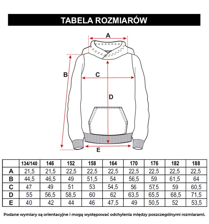 Tabela rozmiarów - Czarna bluza z kapturem ze srebrnym nadrukiem z przodu