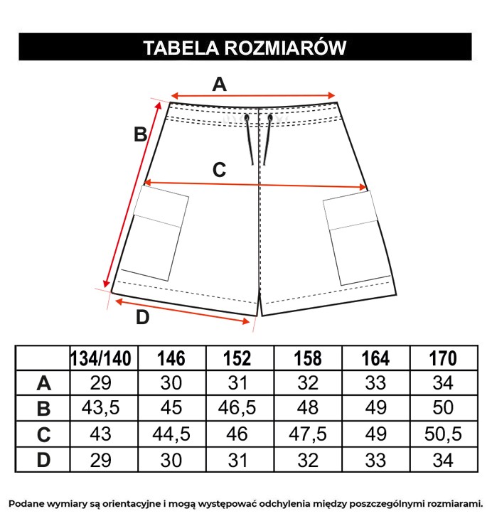 Tabela rozmiarów - Jasnofioletowe krótkie spodenki z naszywanymi kieszeniami