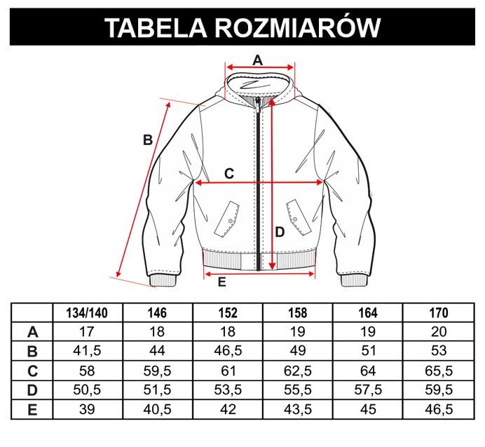 Tabela rozmiarów - Fioletowa przejściowa kurtka typu bomberka