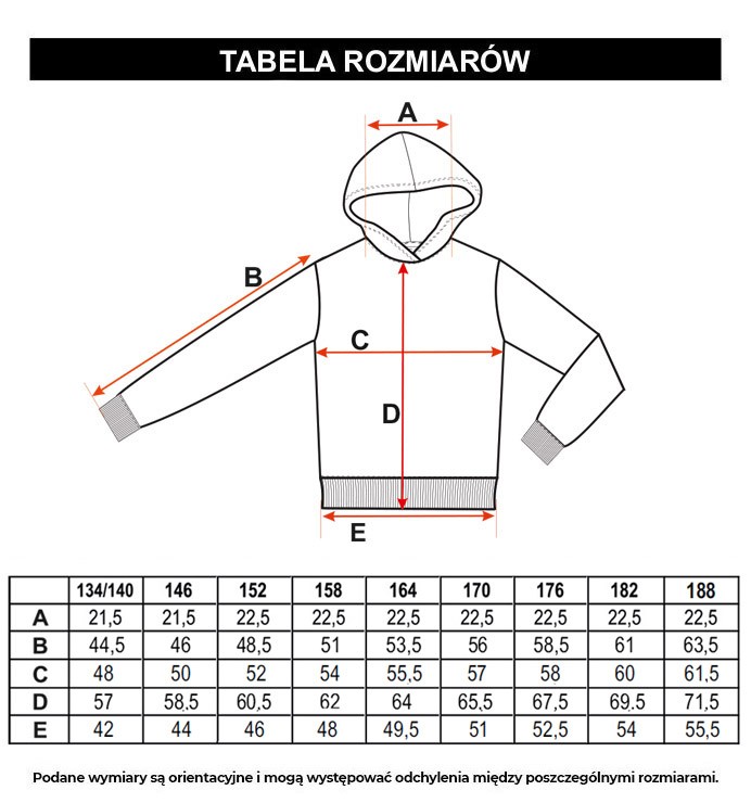 Tabela rozmiarów - Czarna bluza dresowa z nadrukami i kapturem