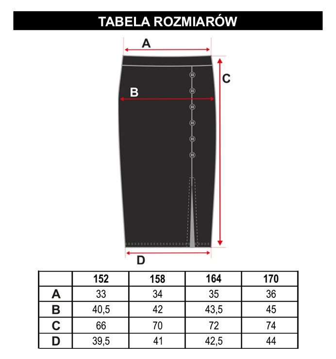 Tabela rozmiarów Czarna spódnica dla dziewczyny z guziczkami