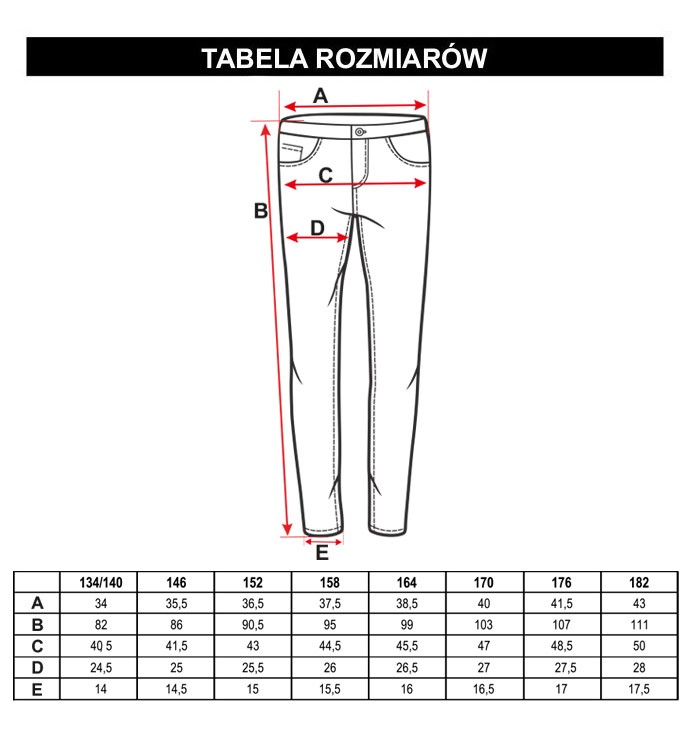 Tabela rozmiarów - Czarne spodnie REGULAR, Granatowe spodnie REGULAR