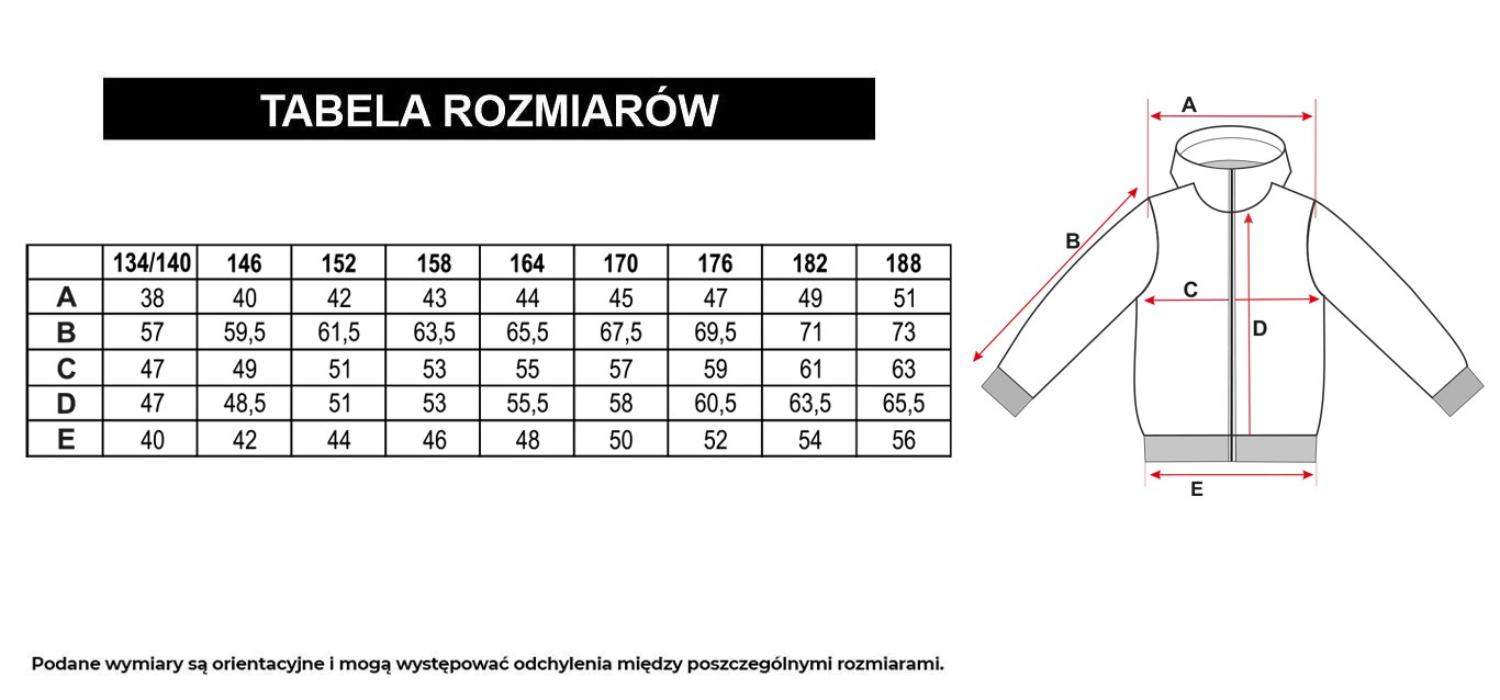 Tabela rozmiarów - Czarna kurtka z kapturem z przestrzennymi kieszeniami z przodu ocieplana