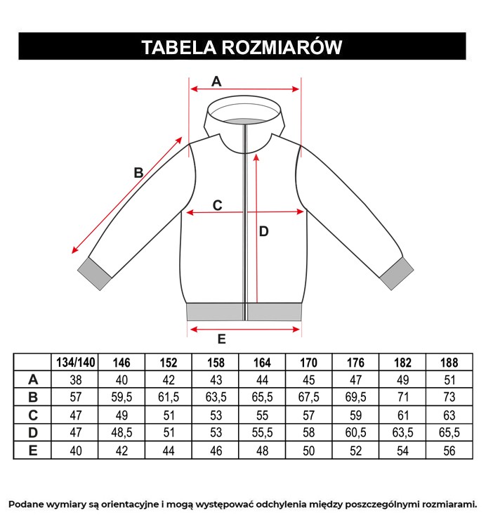 Tabela rozmiarów - Czarna kurtka z kapturem z przestrzennymi kieszeniami z przodu ocieplana