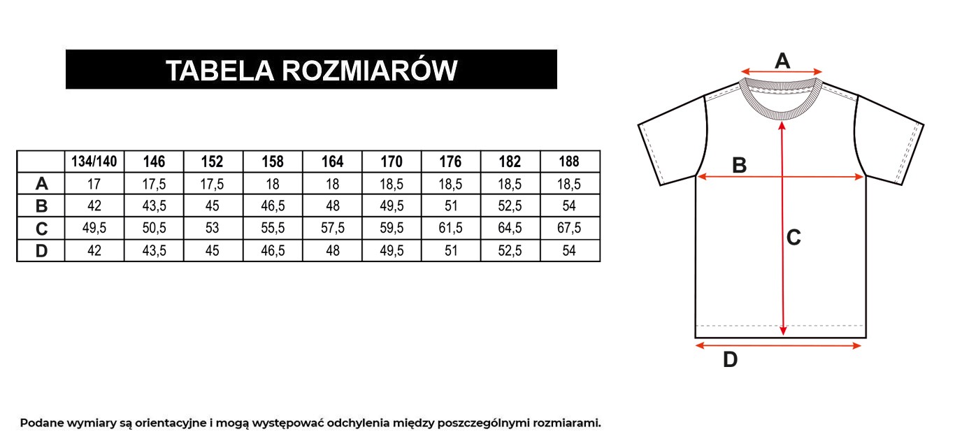 Tabela rozmiarów - Czarny t-shirt z fioletowym nadrukiem imitującym cieniowanie