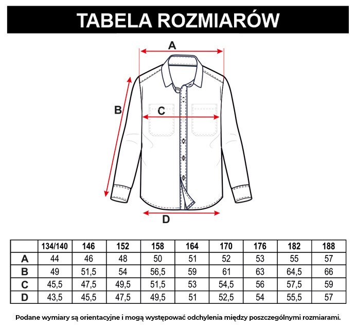 Tabela rozmiarów - Czarna koszula z kieszeniami zapinana na guziki