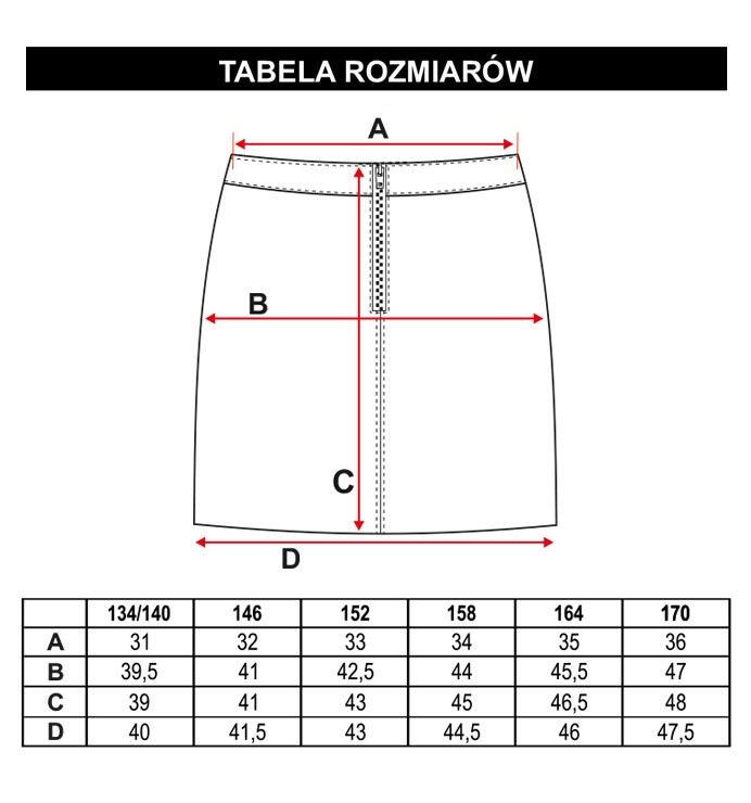 Tabela rozmiarów - Czarna krótka spódnica z ekoskóry
