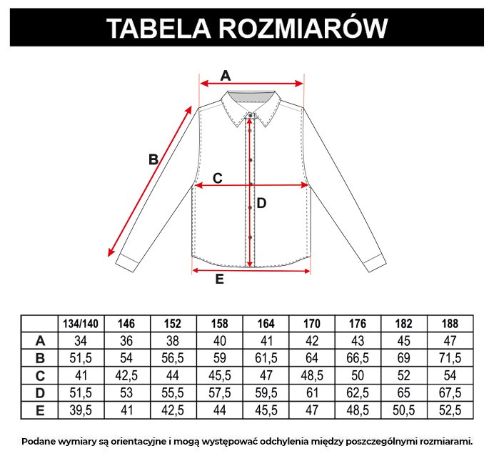Tabela rozmiarów - Biała klasyczna koszula z długim rękawem
