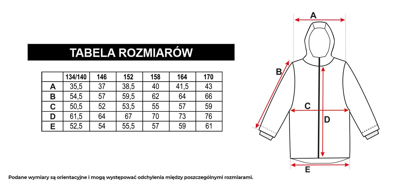 Tabela rozmiarów - Czerwona przedłużana ocieplana kurtka z kapturem