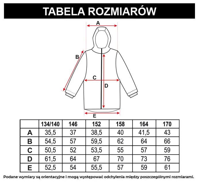 Tabela rozmiarów - Czerwona przedłużana ocieplana kurtka z kapturem