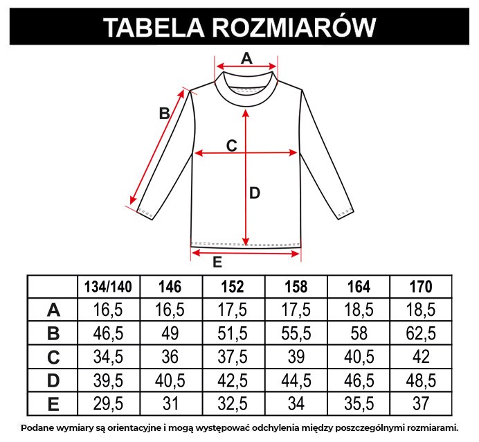 Tabela rozmiarów - Czerwona bluzka z długim rękawem