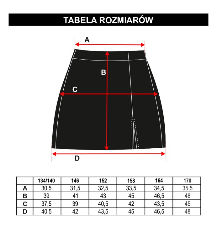 Tabela rozmiarów - Czarna krótka ołówkowa spódnica
