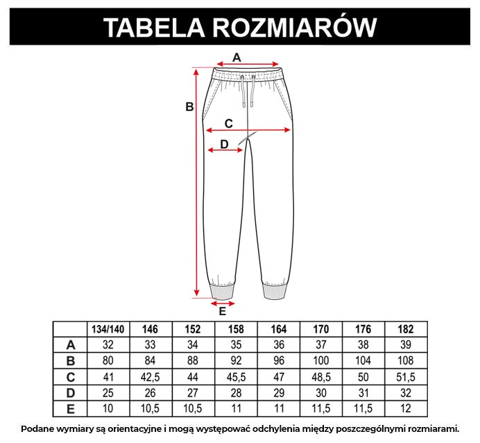 Tabela rozmiarów - Czarno-niebieskie spodnie dresowe w nadrukowane mazy