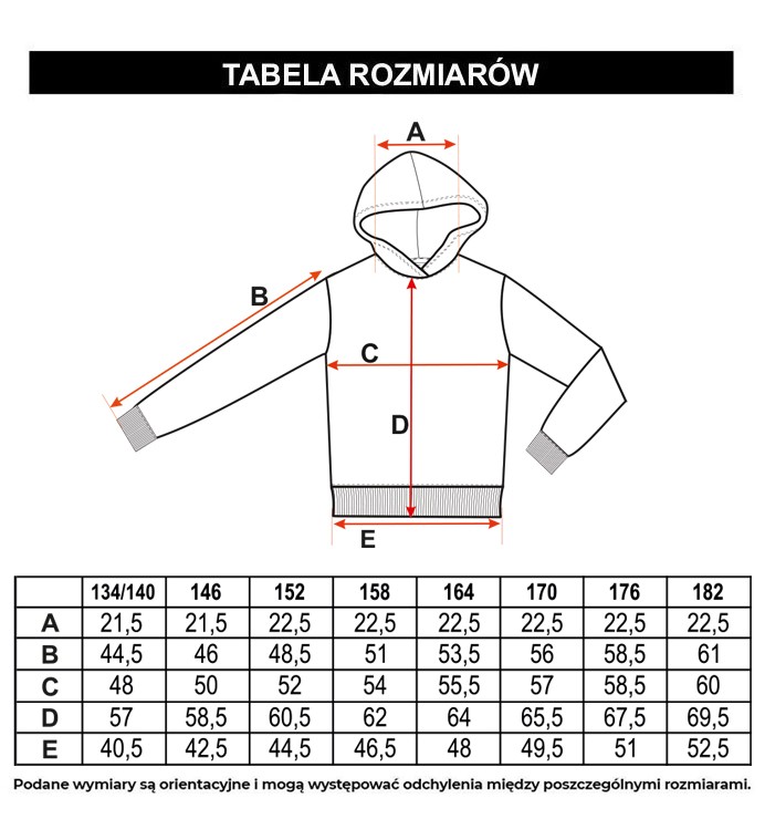 Tabela rozmiarów - Limonkowa bluza z kapturem i kolorowym nadrukiem z przodu