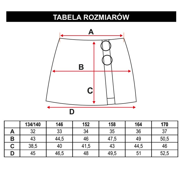 Tabela rozmiarów - Czarna asymetryczna spódnica z klamrami