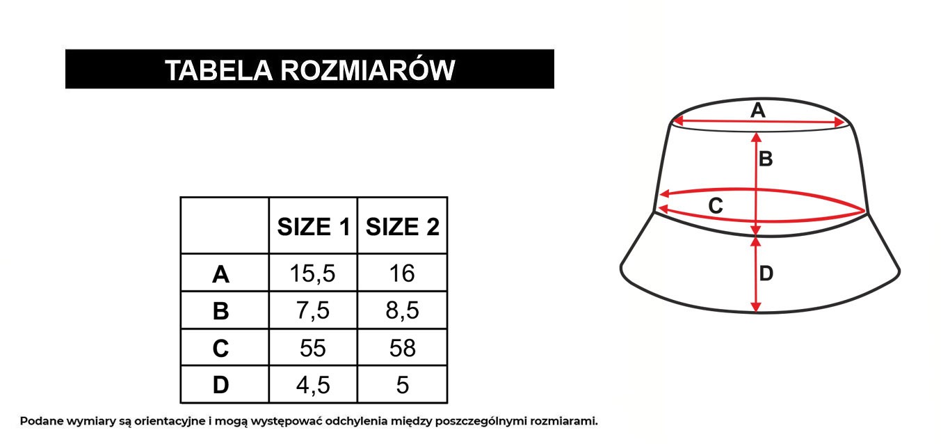 Tabela rozmiarów - Czarny kapelusz typu bucket hat