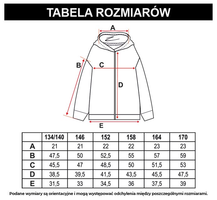 Tabela rozmiarów - Czarna rozpinana bluza dresowa z kapturem i nadrukiem