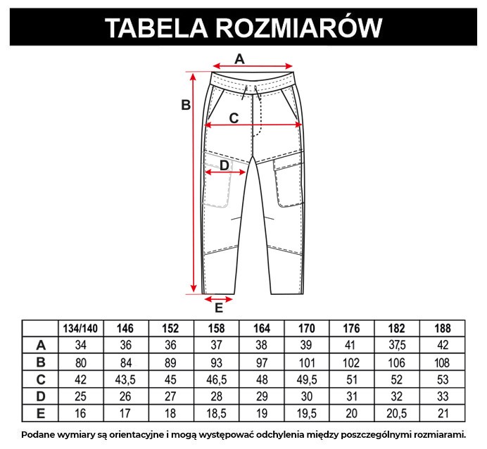 Tabela rozmiarów - Czarne spodnie z prostymi nogawkami i kieszeniami cargo