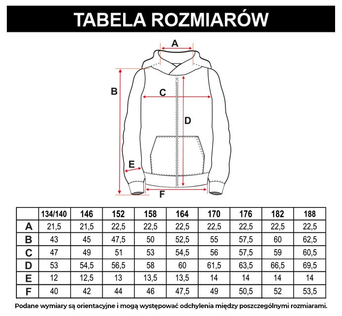 Tabela rozmiarów - Rozpinana bluza dresowa z kapturem w kolorze morskim