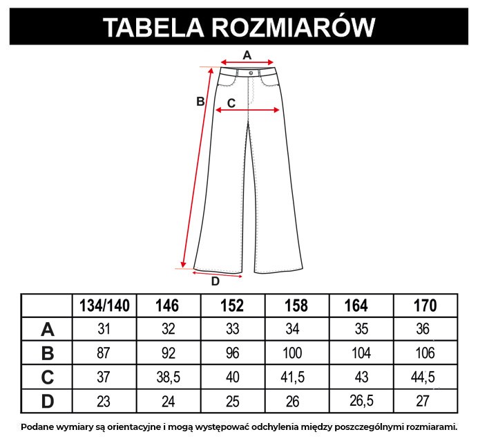 Tabela rozmiarów - Czarne jeansowe spodnie typu dzwony