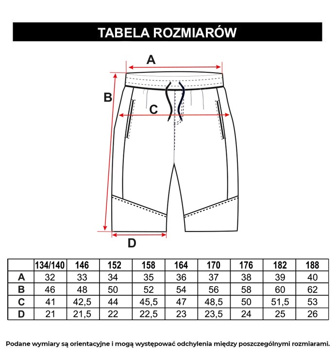 Tabela rozmiarów - Czarne krótkie spodenki dresowe z modnymi naszywkami przy kieszeniach