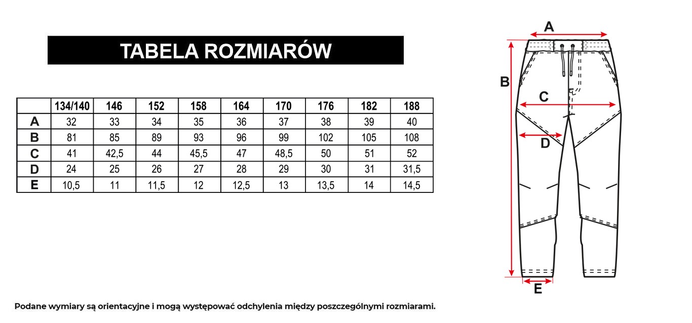 Tabela rozmiarów - Niebieskie spodnie jeansowe typu joggery z modnymi przeszyciami