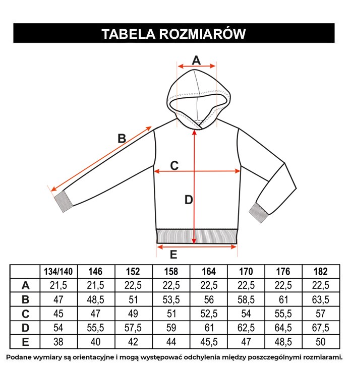 Tabela rozmiarów - Czarna bluza z kapturem z nadrukiem z przodu