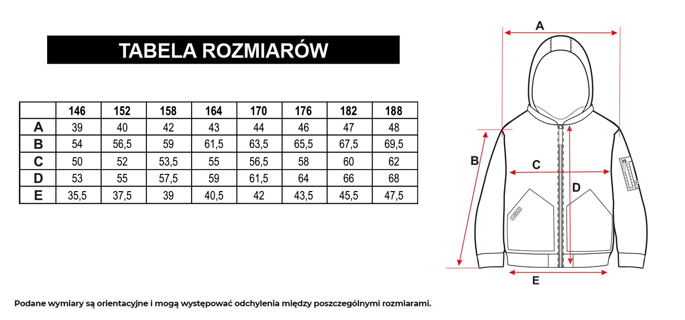 Tabela rozmiarów - Khaki kurtka typu bomberka z kapturem lekko ocieplana